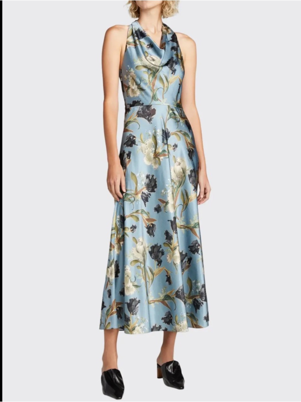 Vince Blue Floral Cowl Neck Midi Dress
